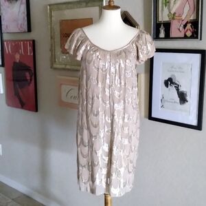 Vintage - Beige Silver & Gold Metallic Silk Dress‎